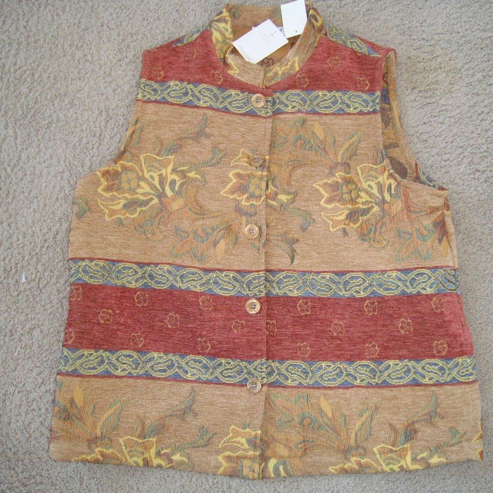 NWT Coldwater Creek Autumn Gold Tapestry Vest Button Front sz M